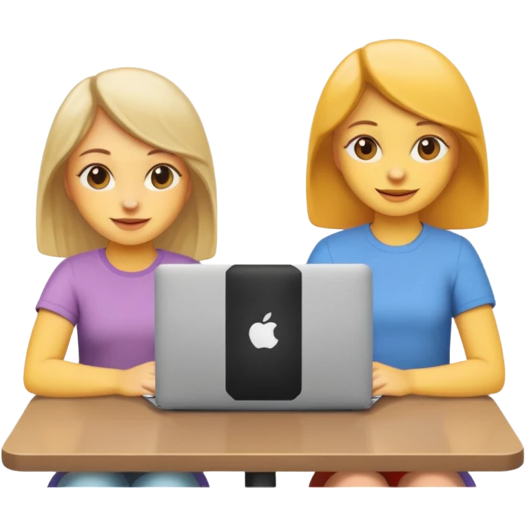 two girls sitting together with a MacBook in front of them, friendly and cheerful expressions, emoji style, inspired by reference photo emoji