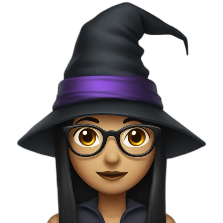 girl with straight long black hair, glasses and witch hat emoji