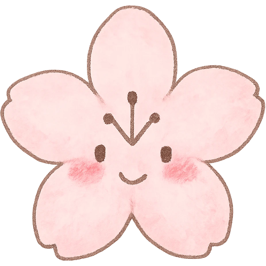 single soft pastel sakura blossom, Japanese hand-drawn kawaii, full object, transparent background, with blushing cheeks emoji