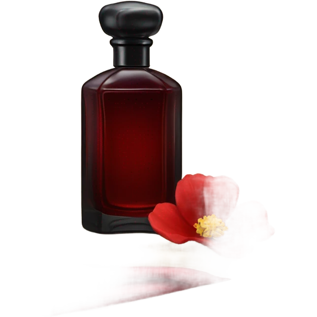 Dark red sophisticated perfume bottle with red buttercups and a silk scarf emoji