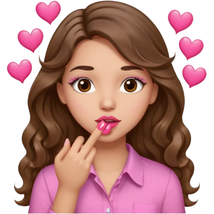 girl with long wavy brown hair, brown eyes, light to medium complexion, in a pink shirt, pink lips, long lashes, puckering up for a kiss, kiss lips and hearts in hand emoji