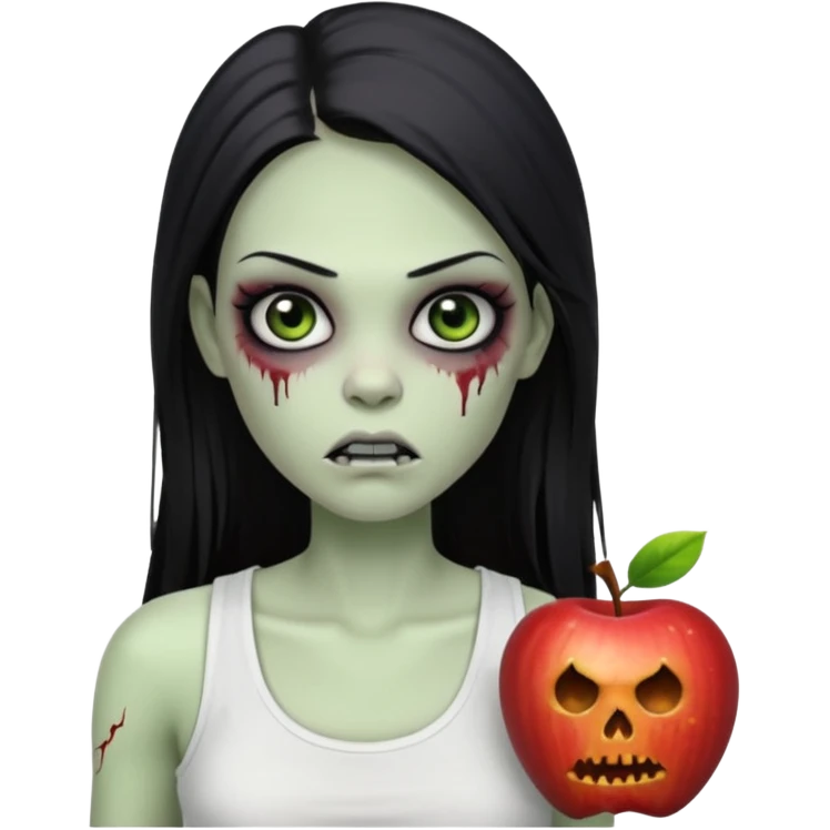 девушка зомби с темными длинными прямыми волосами, с черными макияжем глаз, тонкими бровями в стиле Apple avatar, оделся в белую майку emoji
