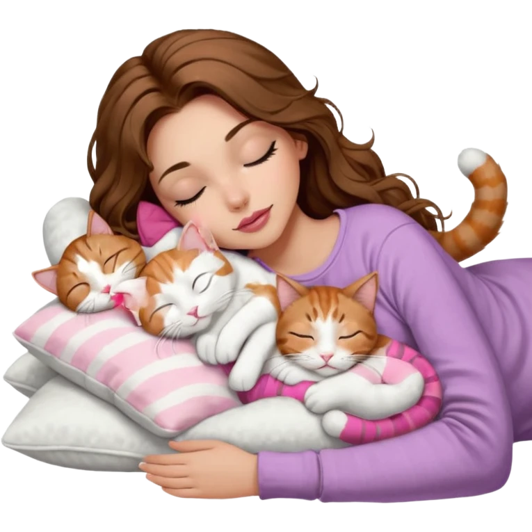 girl with long wavy brown hair, brown eyes, long lashes makeup, sexy pink lips, light to medium complexion,  sleeping on a cozy pillow, with 6 cats: 1 brown and white tabby cat, 1 ginger and white, 2 grey and white, 1 grey with white mittens and small white patch on chest and 1 calico, sleeping emoji