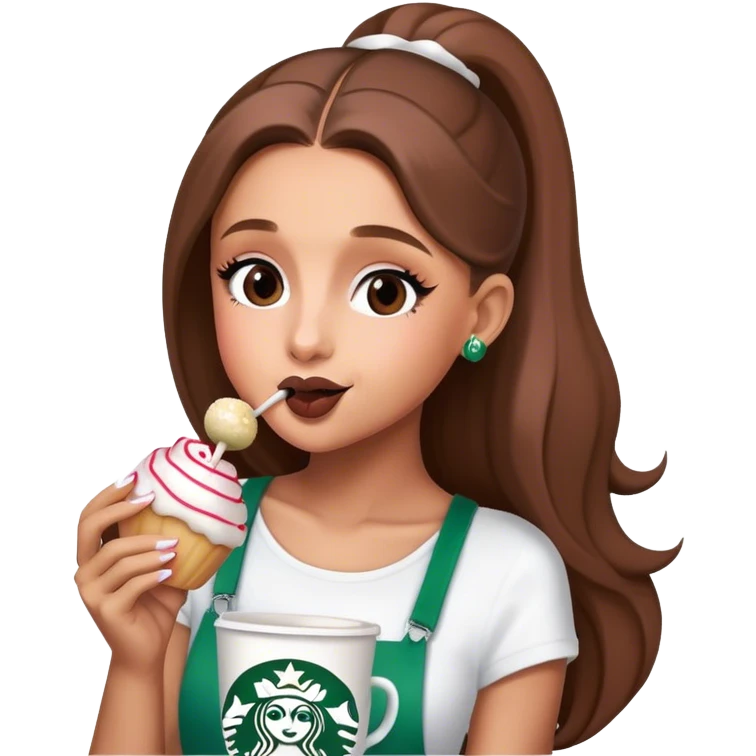 Ariana Grande drinking a Starbucks cup and eating a cake pop emoji
