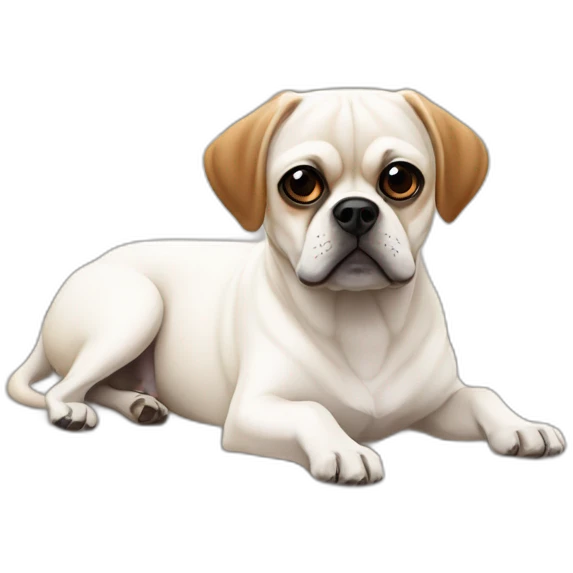 White puggle with brown ears laying on bed emoji