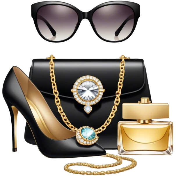 A photorealistic icon featuring luxurious fashion accessories like a high-end handbag, elegant high heels, a sparkling diamond necklace and a stylish pair of sunglasses. The design includes gold accents, purfume, and glamorous textures, fashion, and VIP luxury. Transparent background emoji