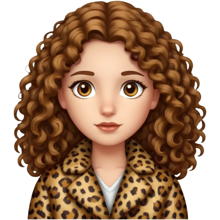 Caucasian girl with long curly hair and hazel eyes in leopard print coat  emoji