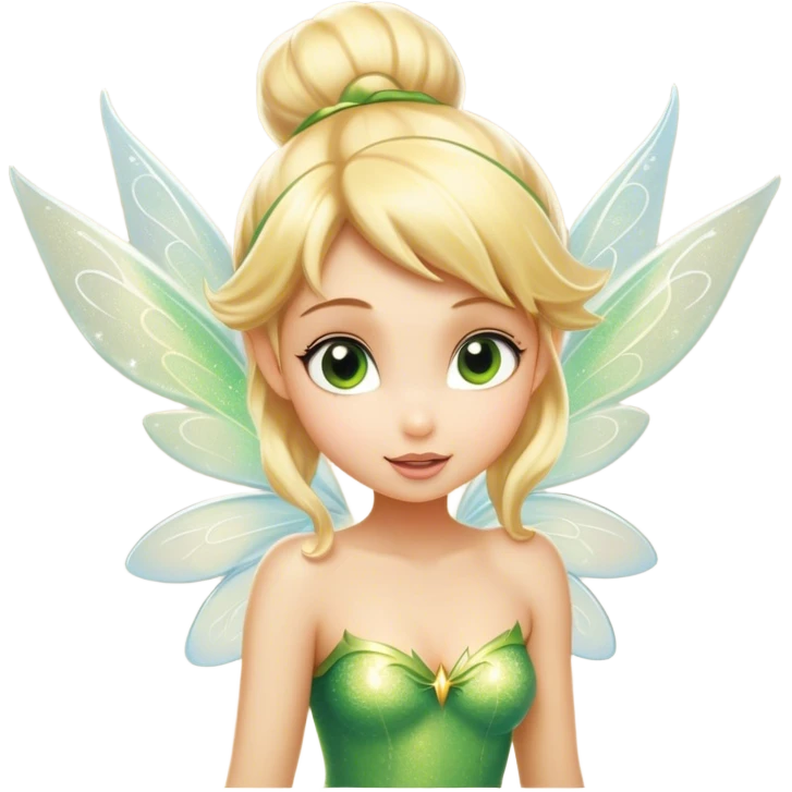 Cinematic Realistic Blonde Tinker Bell Fairy Portrait, head tilted playfully and inquisitively, showcasing a delicate pixie form with finely detailed, golden blonde hair and softly glowing, translucent wings that catch the light with a cascade of fairy dust. Her bright, curious eyes sparkle with mischief and wonder, rendered with lifelike clarity and warm, gentle lighting that captures the essence of a spirited, charming fairy ready to flutter playfully into your heart. emoji