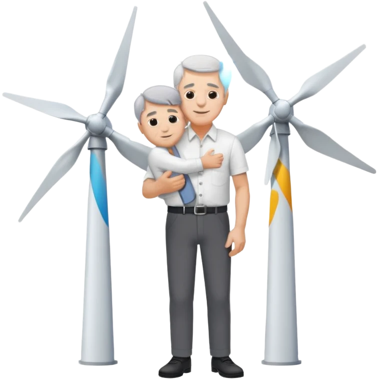 an older white man with grey hair and a white shirt and black pants , hugging a silver wind turbine emoji