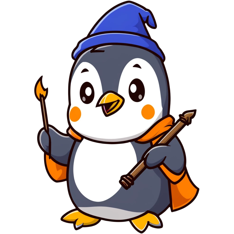 Penguin casting a magical spell with a wizard hat and blue robes emoji