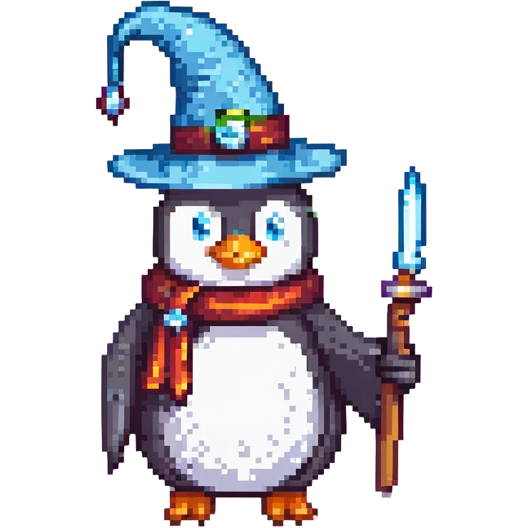 A blocky retro penguin wizard with a pointy hat and a wand emoji