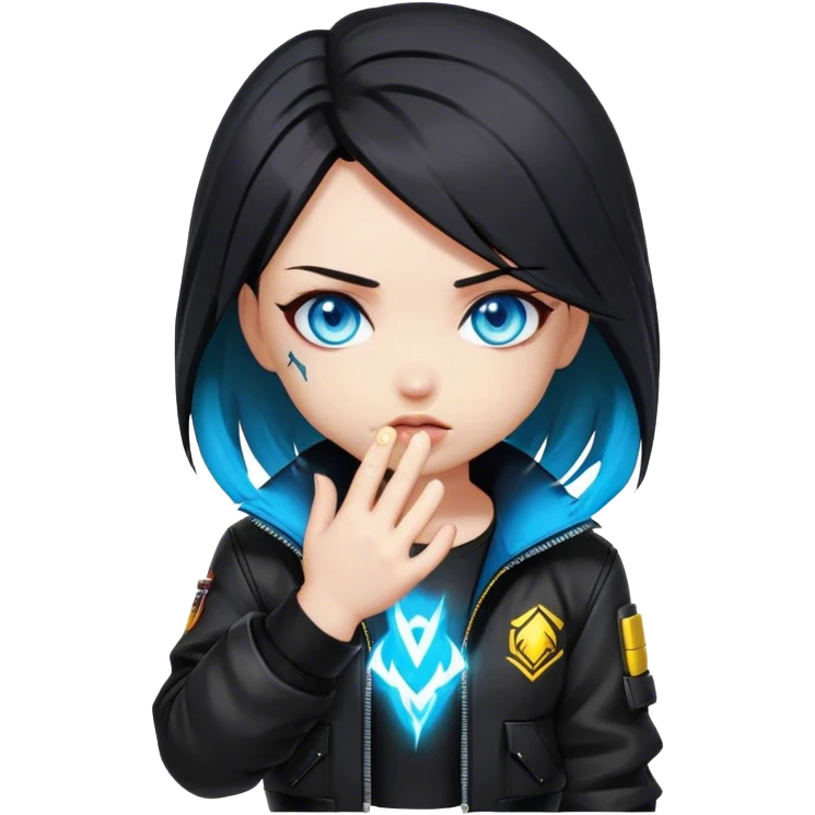 Black hair cyberpunk 2077 chibi girl with blazing blue eyes and black jacket. Hide face in hands emoji