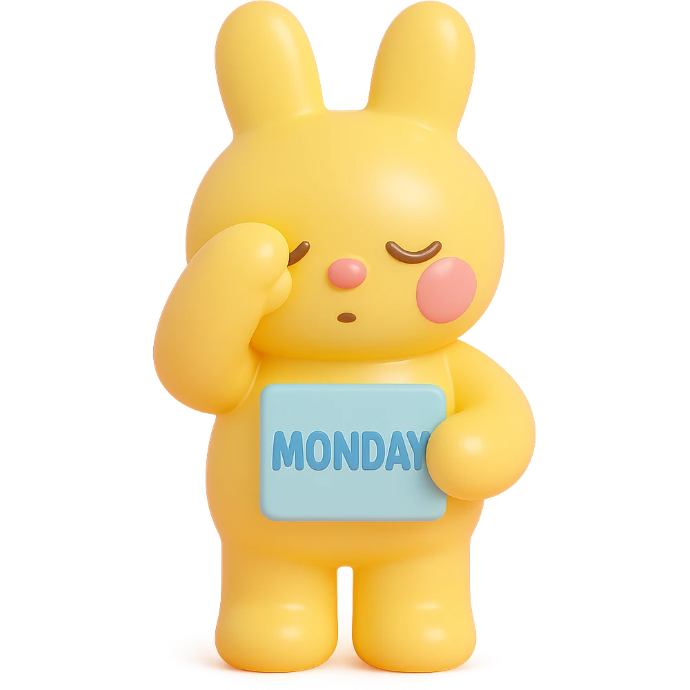 yellow bunny holding Monday memo while rubbing eyes, vinyl figure style, smooth and shiny surface emoji