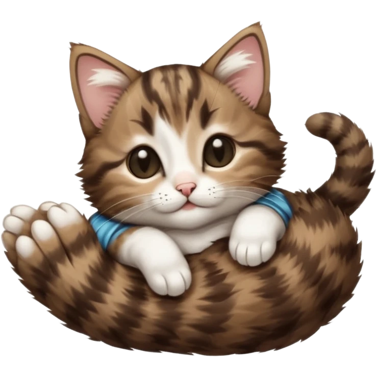 dark brown tabby and white kitten with his eyes closed whilst in funny positions stretched out and  upside down emoji