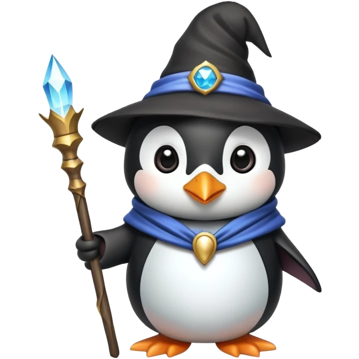 cute penguin wizard with a magical staff and a pointy hat emoji