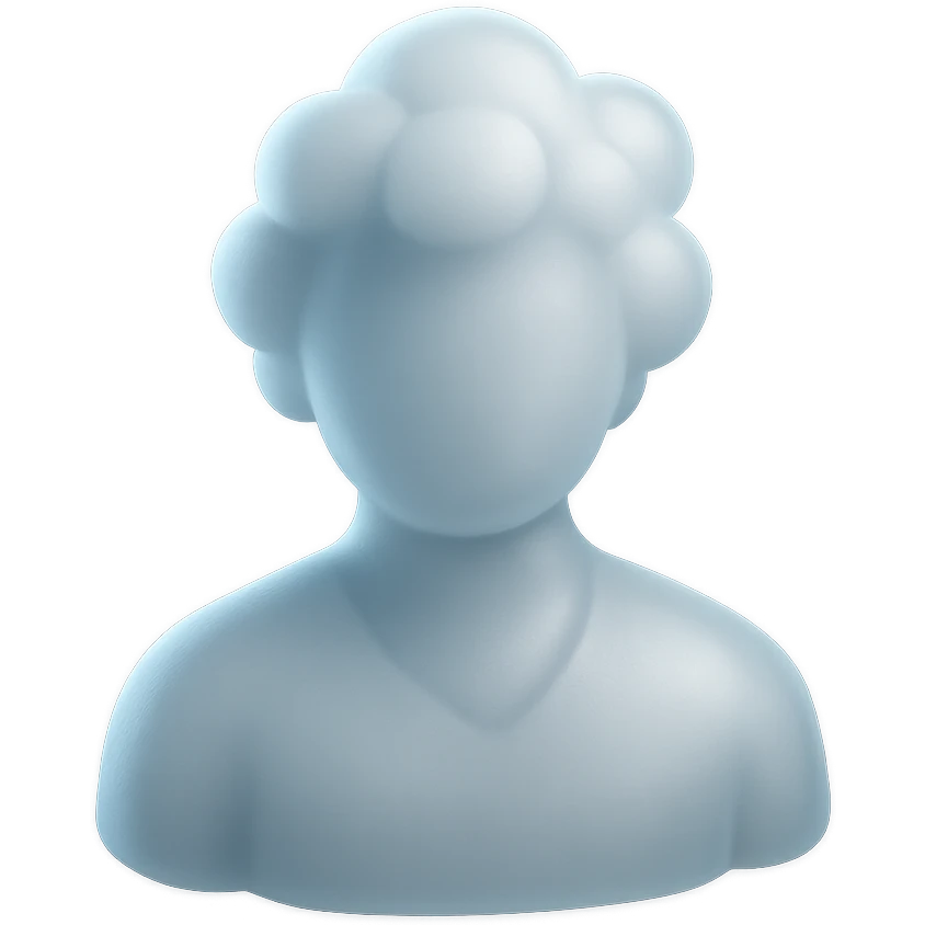 person made entirely of white fluffy convex clouds with soft shadows, shoulder up, front view, matte glass style, no background emoji