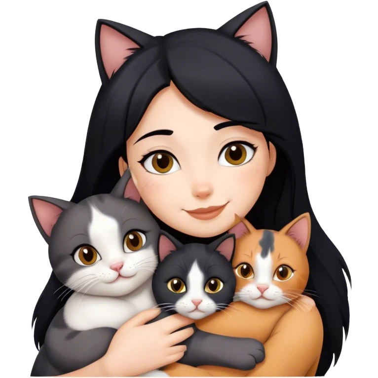 happy girl with black hair hugging three cats  (black cat, gray cat, brown calico cat) emoji