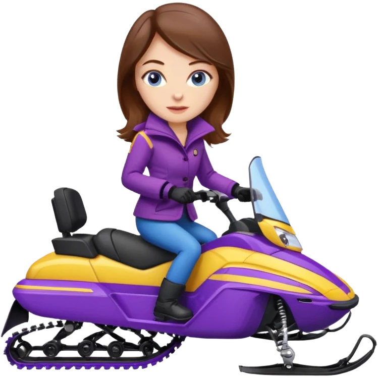 Brown hair, very blue eyes, Woman wearing a Very red coat  on purple and yellow striped snowmobile emoji