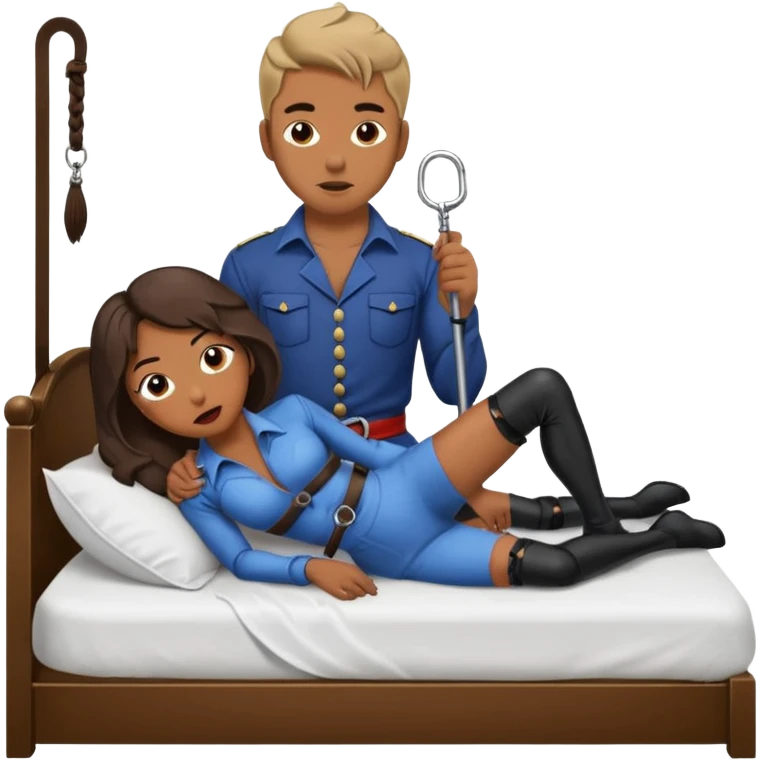 Male submissive in a gag and chastity being pegged by a Hispanic femdom while tied down to a bed. emoji