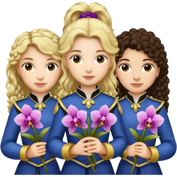 3 female musketeers, one with dark brown curly hair, one with straight blond hair, one with blond hair in pony tail, all holding orchids emoji