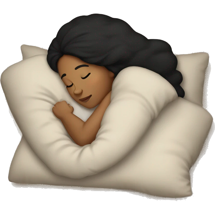 Sleeping woman with light brown skin and black hair laying on pillow in large bed with black covers cozy emoji