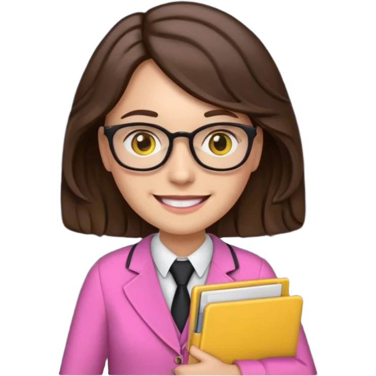 Teacher emoji but : wavy black volume brown hair, light western skin, no glasses, dark eyes, with a computer folder in the hand (color is yellow), being a teacher, wearing pink backpack but wear a teacher formal outfit, smile with teeth







 emoji