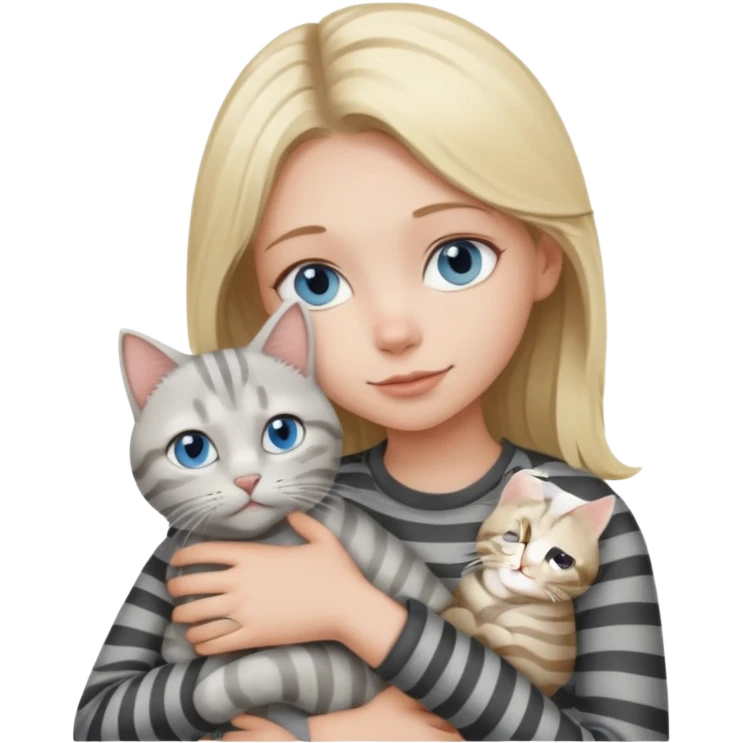 Blonde girl with blue eyes cuddling with light grey tabby cat with dark grey stripes emoji