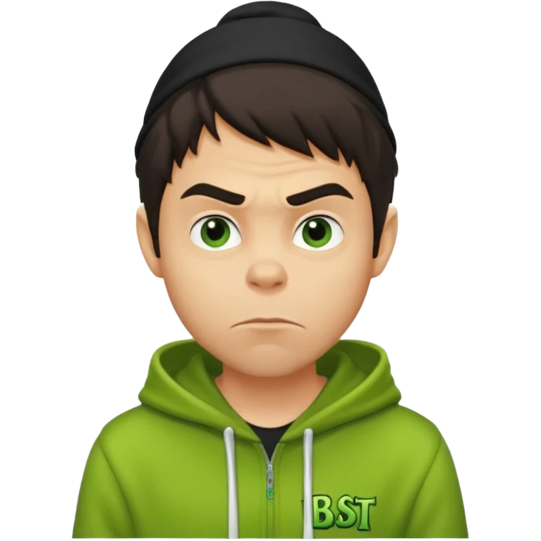 Create an avatar of white European with dark hair  male in hoodie with ``BST`` letters on it. Make background to look like from movie Grinch. make him look from right to left emoji