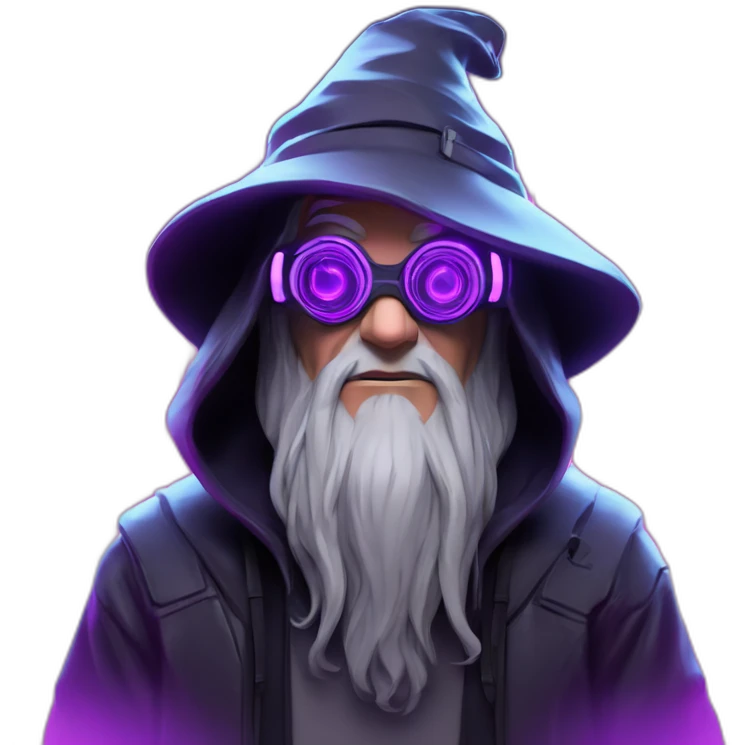 Gandalf wearing a black hoodie with "OMG" letters on it and VR headset in a cyberpunk VR environment with violet neon lighting. emoji
