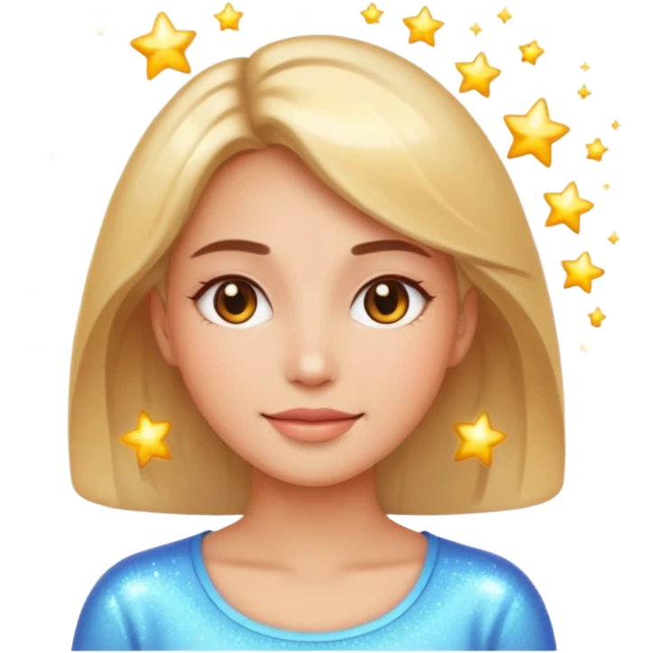 glowing woman face, natural skin, sparkles around, calm and healthy look, emoji style emoji