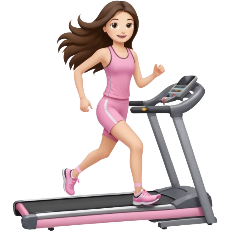 happy long haired brunette girl hazel eyes in light pink walking on treadmill  emoji
