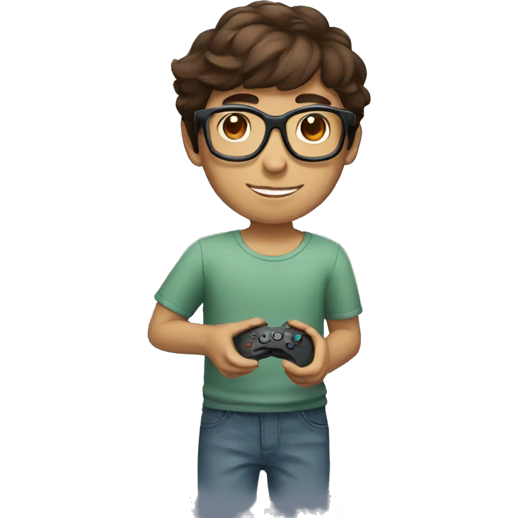 light Hispanic boy with brown hair and glasses holding a gaming remote emoji