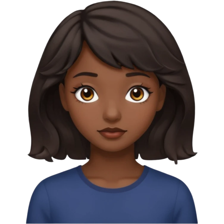 A pretty girl with dark brown eyes and short wavy dark hair with short side bangs and a neutral expression emoji emoji