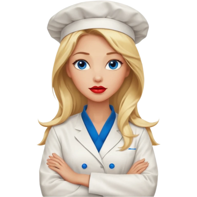 Beautiful, sexy,  long blonde hair, blue eyed, full red lips plunging v neck chefs coat, female chef arms folded  emoji