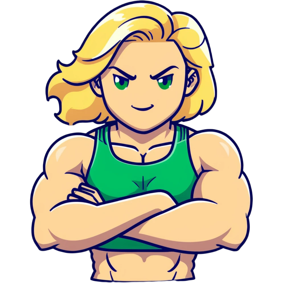 muscular white girl with blonde hair and green eyes, flexing 6 pack abs and one arm bicep emoji