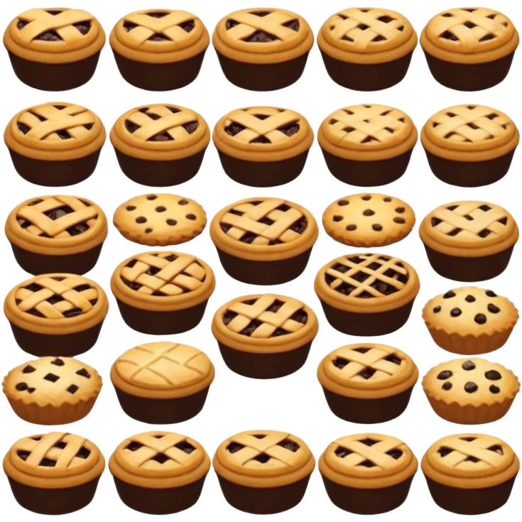 Baking community avatar in clean emoji-style illustration. Pies, cookies, and muffins grouped together, warm golden tones, simple shapes, flat design, high contrast, cozy and friendly. emoji