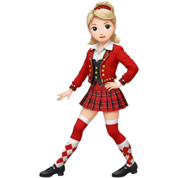 Highland dancing argyle over the knee socks, blouse, highland dancing jacket, tartan miniskirt and highland dancing shoes emoji