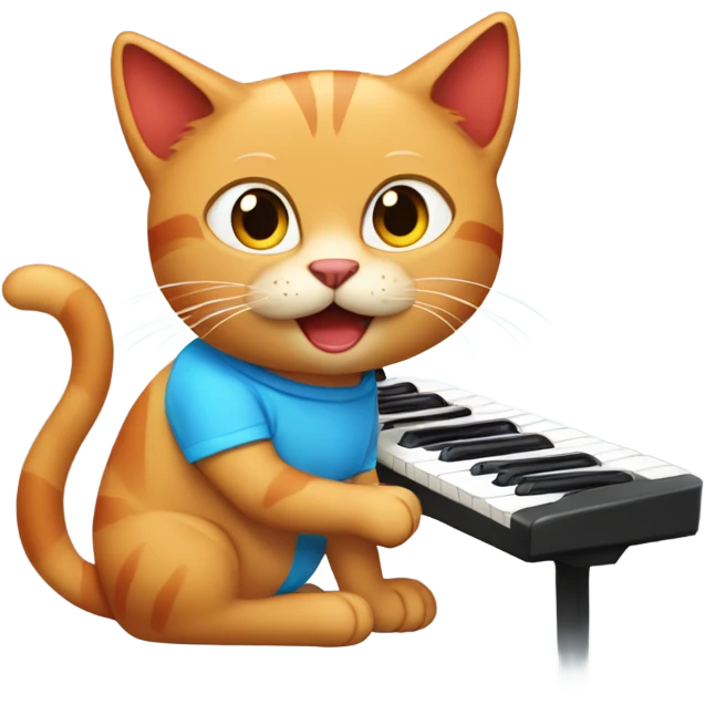 tan-red cat wearing a light-blue t-shirt taps musical keyboard emoji