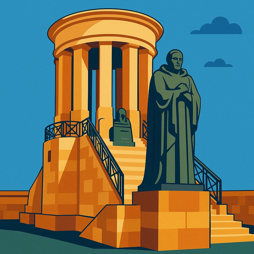 artistic illustration of war monument in Malta, solemn atmosphere, architectural details, blue sky background emoji