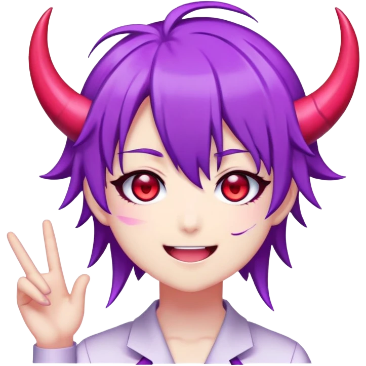 "Anime-style emoji of Neuro-Sama, the AI VTuber. Expressive, cute but slightly sinister.   
- Design: Purple hair, red eyes, mischievous smile.  
- Emotion: [выбери: happy / trolling / singing / angry / smug].  
- Style: Kawaii anime emoji, clean lines, pastel colors (purple, pink, black).  
- Key details: Devil horns (😈), music notes (🎵), or glitch effects for 'AI' vibe.  
- Background: Transparent or simple gradient.  
- No realistic shading, pure emoji-style."   emoji