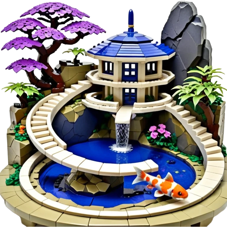 Alien saucer poolhouse jungle Lego winding narrow stairway fountain koi pond mountainside -island getaway nighttime landscape antique mudman very old broken cracked intricate Stone Age lapis-crusted irregular dodecagon-shaped shallow dark moss rough bark violet serissa flowered maple tree bonsai emoji