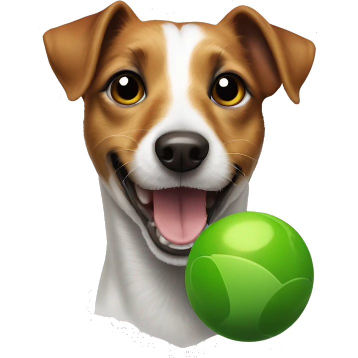 Jack Russell dog with brown eyes holds a green ball in his teeth emoji