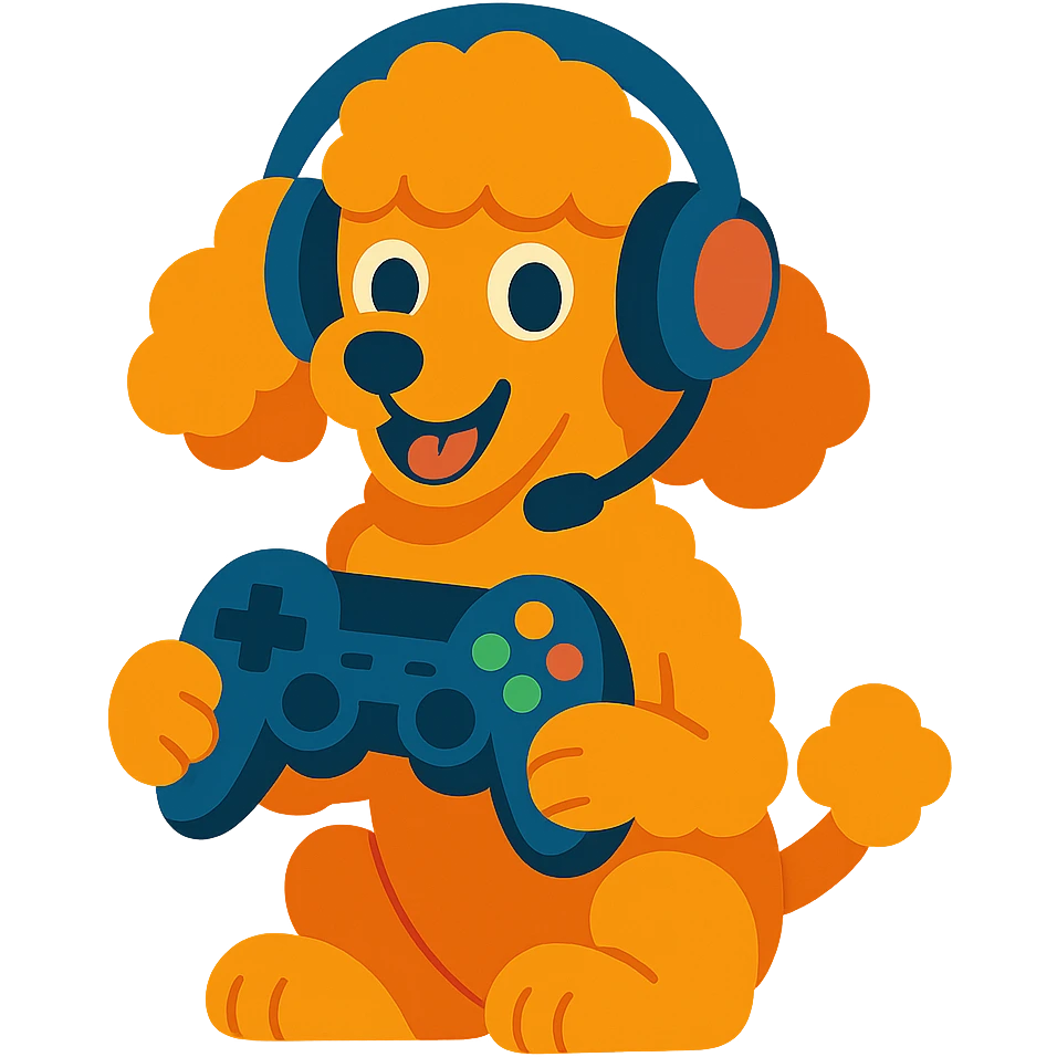 playful and cute poodle dog as a gamer holding a game controller, modern style emoji