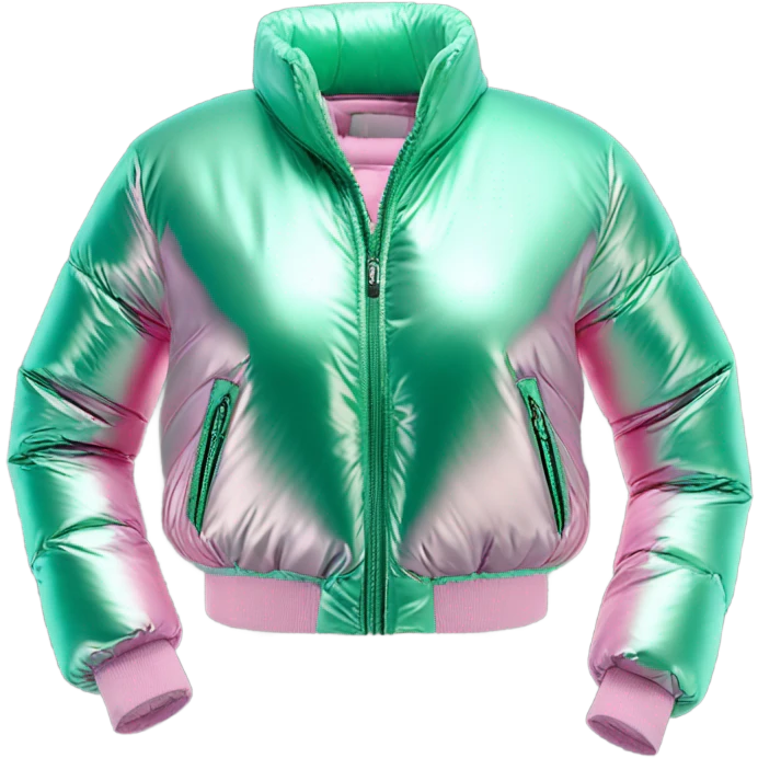 Realistic isolated side view of an open metallic pink cropped puffer jacket and metallic mint green sports bra underneath the jacket. emoji