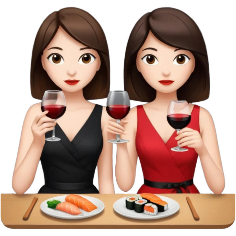 Two brunette girls eating sushi and drinking wine, first girl has a black dress and the second girl has a red dress emoji