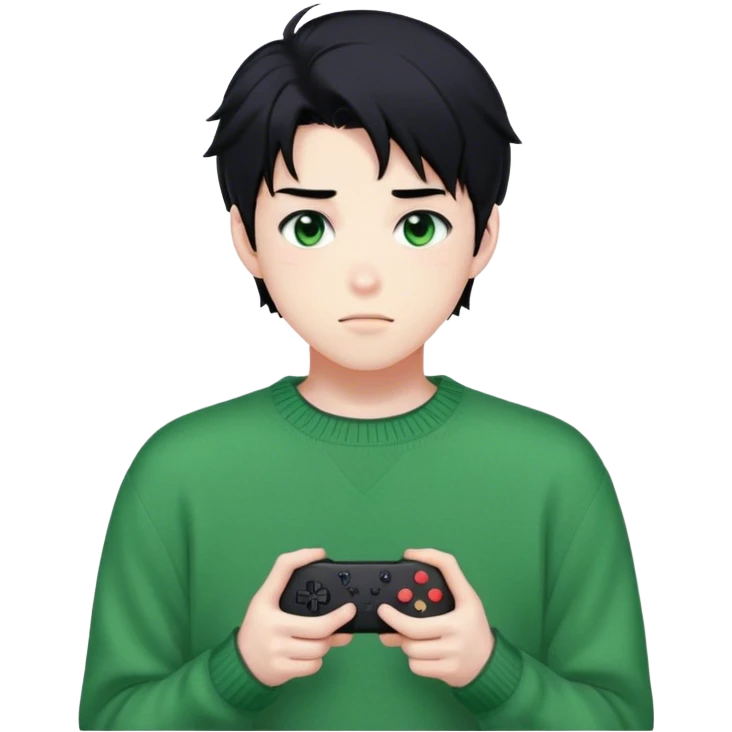 Gorgeous green sweater black hair anime style shojo guy with blushing face and gamer, aesthetic, trending style outside  emoji
