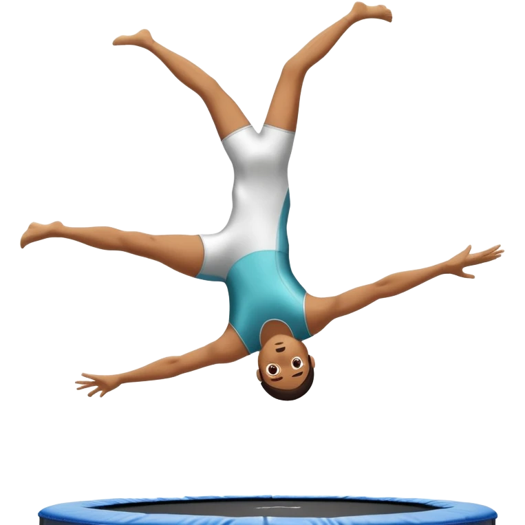 An athletic person soaring high above a trampoline, executing an acrobatic flip with perfect form. The scene captures motion and energy, with a dynamic pose, stretched limbs, and a focused expression. The background suggests a professional trampoline arena with safety padding. emoji