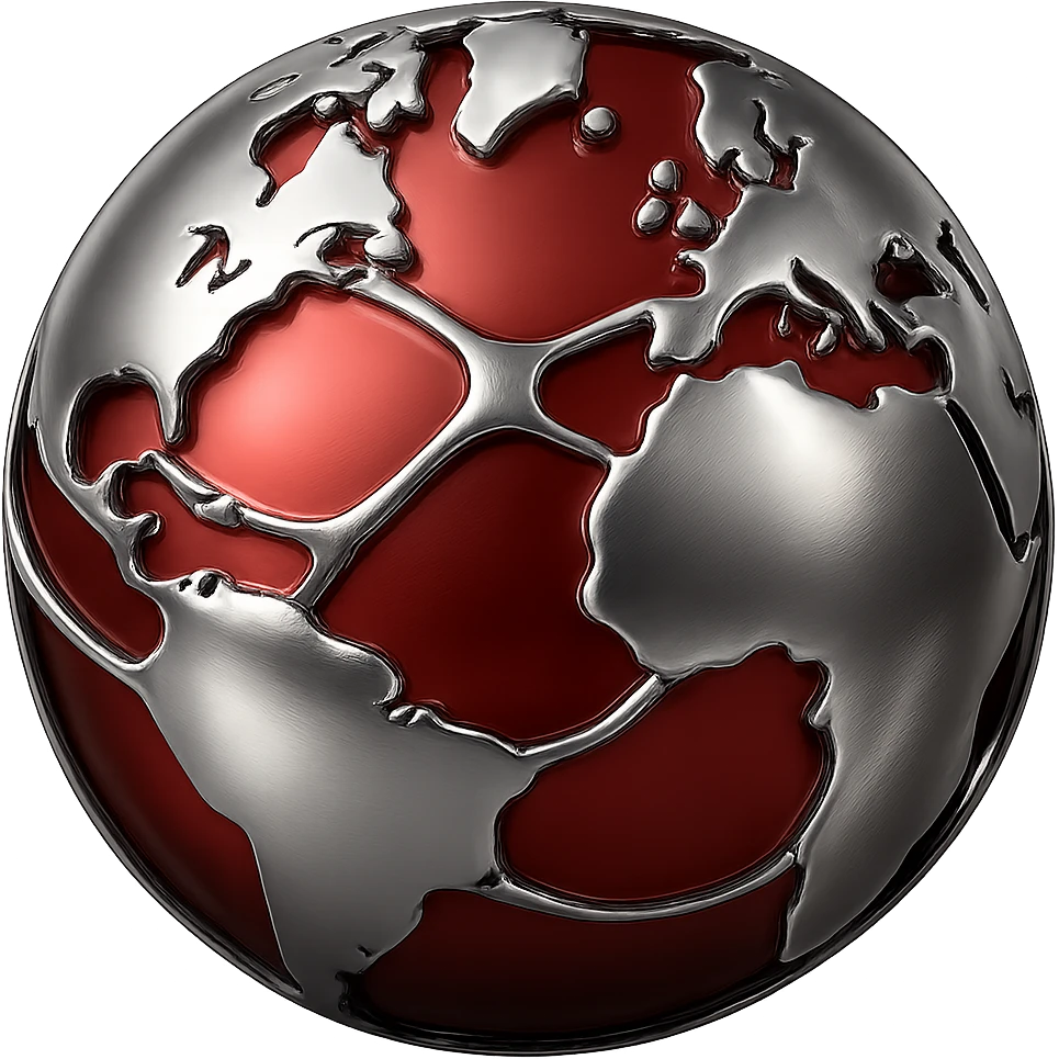 Make all empty spaces in the 3D chrome world a vibrant red, keep the chrome world and bridges metallic and shiny, with no background. emoji