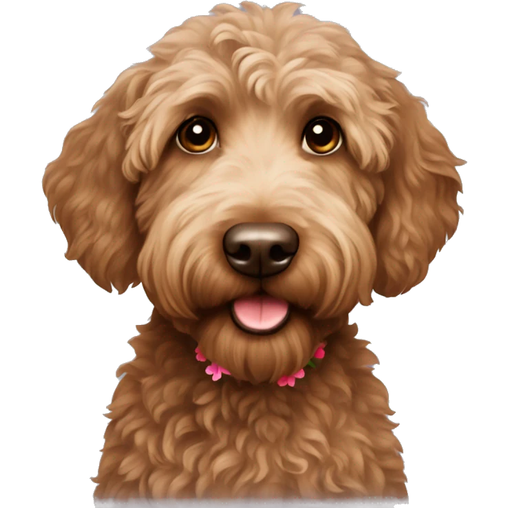 Brown labradoodle with a flower bandana emoji