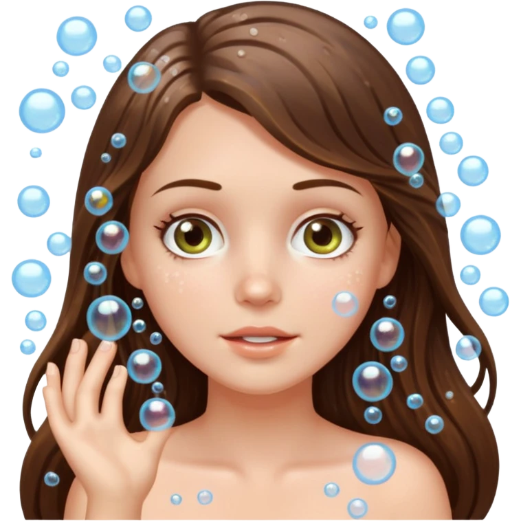  white long brunette hair girl with hazel eyes showering with lots of bubbles emoji